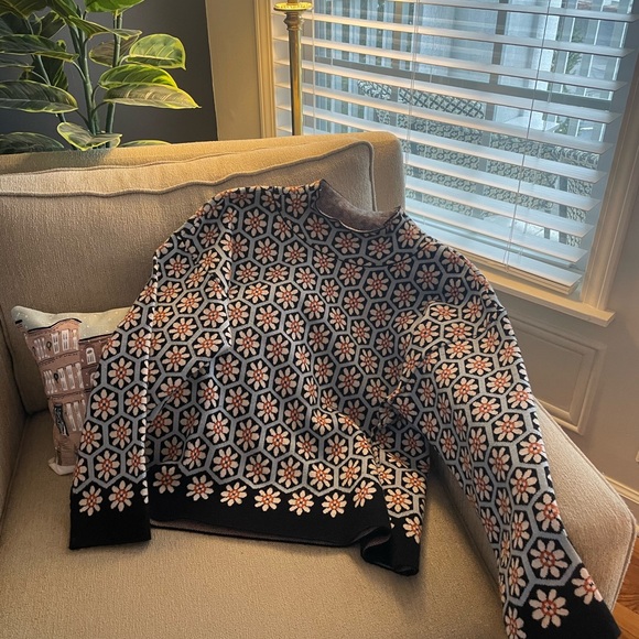 Anthropologie Geometric Floral Turtleneck Sweater - Black, White, and Orange - Picture 4 of 6